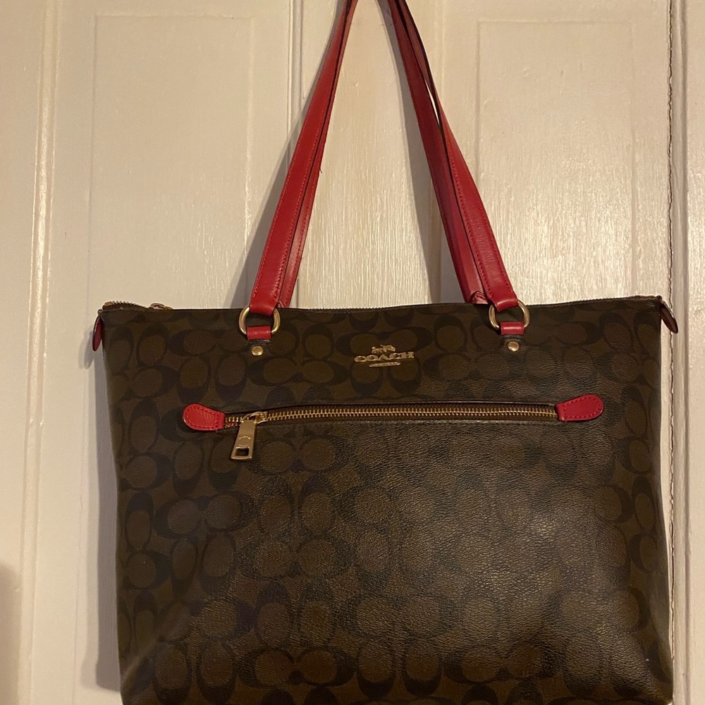 Coach Brown and Red Monogram Tote Bag